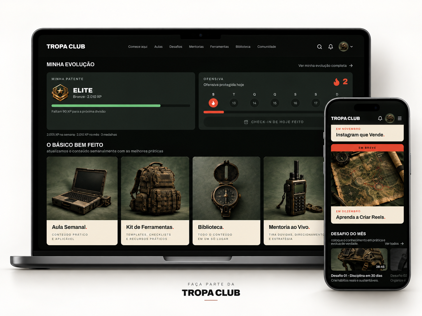 Painel da plataforma TROPA CLUB no notebook e no celular